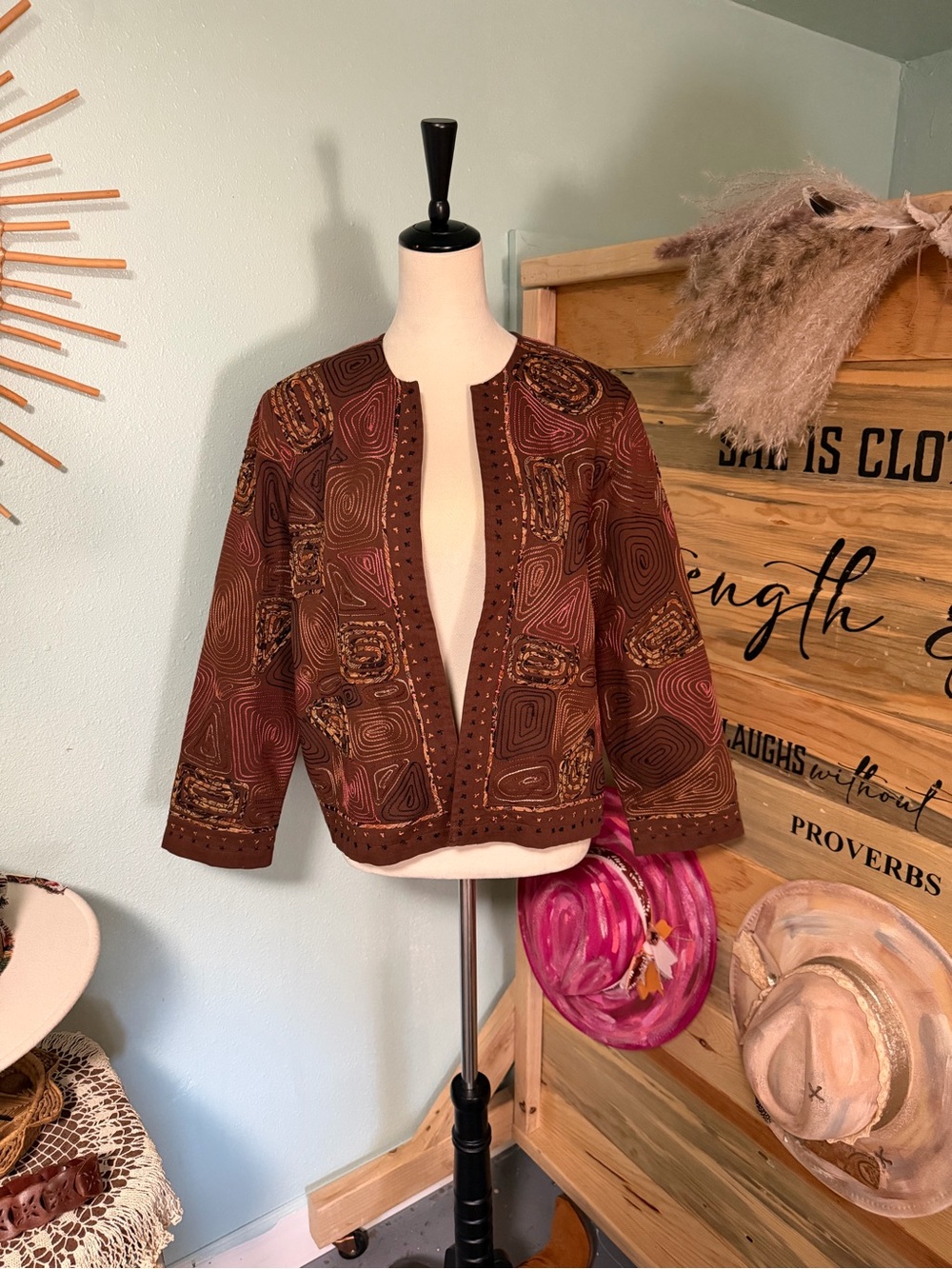 Women's Brown Patterned Open-Front Blazer Jacket